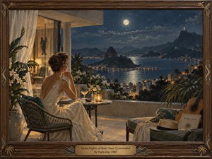 An elegant woman in a flowing ivory dress gazes across moonlit Rio from a flower-filled terrace. Distant hills and shimmering waterfront lights glow beneath a starry blue sky. Warm candlelight, tropical leaves, and a resting guitar enrich the tranquil, romantic oil painting, enclosed by an ornate walnut-and-brass frame.