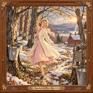 A smiling blonde woman in a flowing pink dress and cream coat dances along a snowy maple grove path. Sap buckets gleam beneath bare trees, while a red barn and distant hills glow in golden light. Warm, nostalgic brushwork and a carved musical wooden frame evoke cheerful 1950s romance.