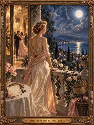 An elegant woman in a flowing ivory gown stands on a rose-covered terrace above a moonlit harbor. Behind her, couples dance beneath golden chandeliers as a translucent clock glimmers across midnight clouds. Warm amber and silver-blue lighting lend nostalgic tenderness to the richly detailed oil painting, enclosed in an ornate gilded frame.