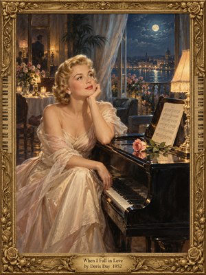 A dreamy blonde woman in a flowing ivory gown rests beside a grand piano, gazing wistfully toward a moonlit waterfront. Golden lamplight mingles with deep blue night tones, illuminating roses, sheet music, and billowing curtains. Soft oil-painted textures evoke 1950s romance, enclosed by an ornate gilded frame with musical embellishments.
