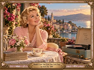 A smiling blonde woman in a pink cardigan sits on a flower-filled seaside terrace, gazing dreamily toward a sunlit harbor village. A vintage record player, floral teacup, stacked books, roses, and a straw hat evoke tender romance. Golden light, pastel colors, and ornate gold and rose filigree create nostalgic elegance.