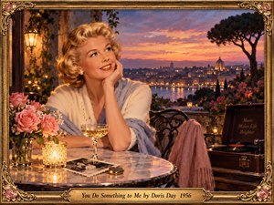 A blonde woman in pearls and a cream wrap gazes dreamily across a glowing riverside city from an elegant balcony cafe. Pink roses, champagne, candlelight, and a vintage record player adorn the marble table. A coral and violet sunset creates romantic warmth, while an ornate gold floral frame and engraved title plate complete the nostalgic painting.