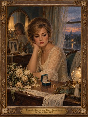 A wistful bride sits at her vanity, contemplating uncertain love amid fading roses, a wedding ring, and cherished photographs. Warm lamplight contrasts with rainy twilight beyond lace curtains. Rich oil textures, muted gold, cream, and teal create nostalgic melancholy, enclosed within an ornate carved wooden frame with engraved brass detailing.