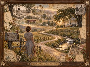 A woman in a faded blue dress gazes down a winding country road toward a sunlit farmhouse. Childhood memories emerge through torn photographs, handwritten notes, a swing, and a red wagon. Golden fields, flowering fences, and a sparkling creek glow with wistful nostalgia inside an ornate carved wooden frame.