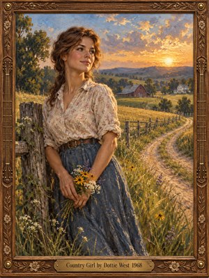 A young country woman in a floral blouse and blue skirt holds wildflowers beside a weathered fence, overlooking a winding lane, red barn, and distant farmhouse. Golden sunset light warms rolling green fields beneath a cloud-streaked sky. Textured oil brushwork and an ornate carved wooden frame evoke quiet pride and nostalgia.