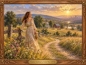 A smiling woman in a flowing floral dress stands beside a rustic fence amid sunlit wildflowers. A winding path leads toward a farmhouse, red barn, and distant city beneath golden clouds. Warm amber light bathes the rolling countryside in this nostalgic oil painting, enclosed by carved wood and an engraved brass title plate.