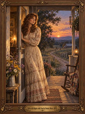 A wistful woman in a flowing floral dress stands on a rustic farmhouse porch, gazing toward a golden countryside sunset. Warm lantern light, wildflowers, a rocking chair, and winding country road create a tender, nostalgic atmosphere. Rich oil painting textures and soft twilight colors complement an ornate carved wooden frame.