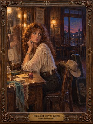 An auburn-haired woman sits pensively beside a mirror in a deserted country bar, surrounded by a fading rose, cowboy hat, and guitar case. Warm amber lamplight contrasts with violet-blue twilight outside. Rich oil-painted textures, rustic wood, and an ornate carved frame evoke the ache of memories that refuse to fade.