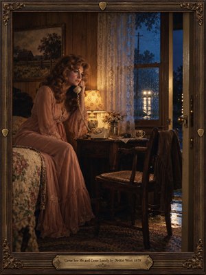 A wistful woman in a dusty rose gown holds a telephone beside a rain-streaked window in a wood-paneled 1970s room. Amber lamplight warms the floral furnishings while cool blue night and distant headlights deepen the loneliness. Cinematic photographic realism, an empty chair, and an ornate walnut-and-brass frame complete the intimate composition.