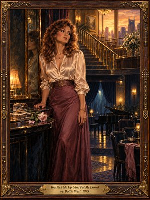 An auburn-haired woman in a satin blouse and rose-colored skirt stands wistfully in an elegant Nashville lounge. Golden sunset light spills across a sweeping staircase, mirrors, and polished tables, while deep blue shadows surround a distant piano. Fallen roses and an ornate wood-and-brass frame enhance the bittersweet, richly painted atmosphere.