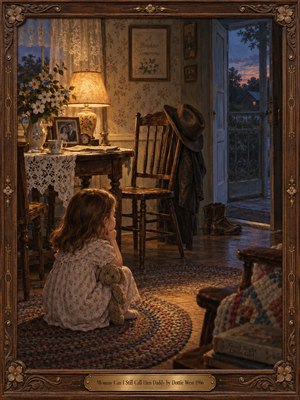 A young girl clutches her teddy bear in a nostalgic 1960s farmhouse, gazing toward an empty chair and open doorway. Warm amber lamplight contrasts with cool blue twilight, emphasizing absence and longing. Floral wallpaper, family photographs, worn boots, and carved walnut framing enrich this tender, melancholic oil painting.