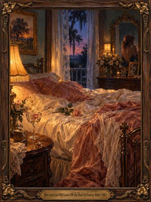 An intimate Southern bedroom glows with amber lamplight against violet twilight. Rumpled rose and ivory satin covers a brass bed, while a lipstick-marked glass, perfume bottle, and scattered jewelry suggest lingering romance. A solitary woman appears in an ornate mirror. Rich oil-painted textures and a carved wooden frame deepen the bittersweet nostalgia.