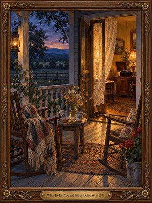 Two wooden rocking chairs surround a rustic table with ceramic mugs and wildflowers on a peaceful country porch. Golden lamplight spills through lace curtains, contrasting with blue twilight, distant mountains, and glowing fireflies. Rich oil painting textures, warm shadows, carved walnut framing, and an engraved brass plate evoke tender companionship.