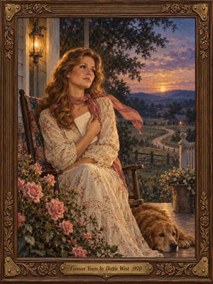 A wistful woman in a lace-trimmed floral dress clutches a letter on a country porch at sunset. Pink roses, a resting dog, and a glowing lantern surround her. Rolling hills and a winding road fade beneath violet skies. Rich oil-painted textures and an ornate carved wooden frame evoke timeless devotion.