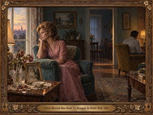 An oil painting captures a lonely 1960s living room where a woman gazes toward sunset while a man sits turned away. A wedding photograph and wilting roses recall lost closeness. Dusty pink, teal, and amber tones mingle with deep shadows, enclosed by an ornate carved frame and engraved brass title plate.