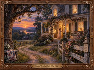 A warmly lit country farmhouse glows beneath a rose-colored sunset, framed by an ancient oak and flowering gardens. A woman in a flowing dress stands on the porch while a winding path leads toward distant hills. Rich oil-painted textures, golden windows, violet shadows, and carved wooden borders evoke tender nostalgia.