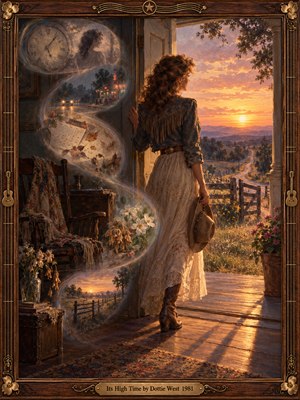 A woman in a fringed jacket and flowing dress stands at a doorway overlooking a golden country sunset. Swirling memories reveal clocks, calendars, flowers, and distant lights. Warm amber and rose tones illuminate the nostalgic oil painting, framed by carved wood, brass ornaments, and guitars, evoking reflection, courage, and renewal.