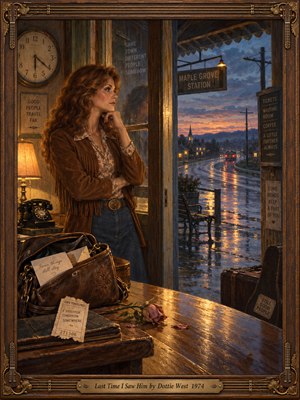 A wistful auburn-haired woman in a fringed suede jacket watches a rain-soaked road from a small-town station at dusk. Amber lamplight warms the vintage interior while blue twilight catches distant taillights. A worn handbag, ticket, and fading rose suggest departure and longing, all enclosed in an ornate wooden frame.