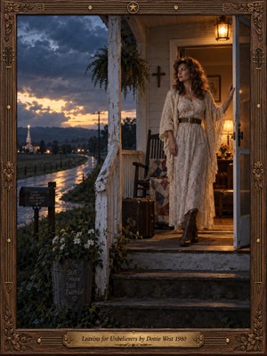A thoughtful woman stands on a weathered farmhouse porch at dusk, overlooking a rain-slick country road and distant church. Warm amber lamplight contrasts with stormy blue skies, creating a mood of faith and quiet resilience. Cinematic photographic realism, vintage furnishings, delicate flowers, and an ornate carved wooden frame complete the scene.