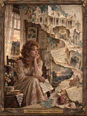 A wistful auburn-haired woman sits beside a lace-curtained window, surrounded by fragile paper mansions, faded photographs, handwritten letters, and dried roses. Warm sunset light illuminates this nostalgic country interior. Sepia, dusty rose, and muted teal tones enrich the intricate mixed-media collage, enclosed within an ornate wooden frame with brass accents.