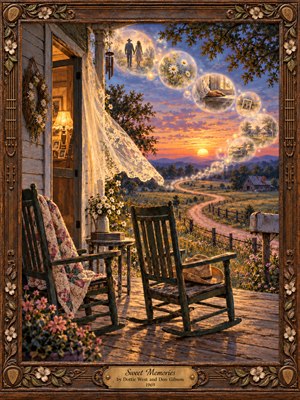 Two weathered rocking chairs rest on a farmhouse porch beneath a glowing sunset, while a winding country road disappears into lavender hills. Luminous bubbles preserve tender memories above fluttering lace, daisies, and warm lamplight. Rich oil-painted textures, golden reflections, and an ornate carved wooden frame evoke bittersweet nostalgia.