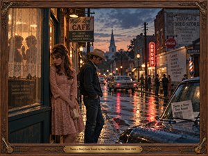 A sorrowful couple stands apart outside a small-town cafe on a rain-soaked 1960s street, while shadowy neighbors whisper behind lace curtains. Amber storefronts and red neon shimmer across blue pavement beneath a dusky sky. Cinematic photography, vintage cars, and an ornate carved wooden frame with brass detailing evoke heartbreak, suspicion, and rumor.