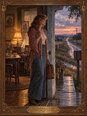A pensive woman in a dusty rose shawl stands in a rustic doorway, suitcase in hand, gazing toward a rain-soaked country road at sunset. Warm lamplight contrasts with violet twilight, evoking heartbreak and quiet determination. Rich oil brushwork, nostalgic furnishings, delicate wildflowers, and an ornate wooden frame deepen the bittersweet atmosphere.