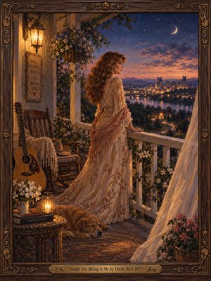 A wistful woman in a flowing floral gown gazes across Nashville at twilight from a flower-covered porch. Golden lanterns illuminate an acoustic guitar, sleeping dog, and rustic furnishings. A crescent moon hangs above the glowing skyline, while richly textured oil painting and an ornate wooden frame evoke romantic country nostalgia.