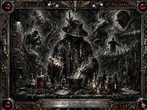 A shadowy medicine man presides over a smoky urban ritual, surrounded by glowing bottles, speakers, microphones, and mysterious symbols. Deep charcoal blacks, metallic silver, muted gold, and blood-red accents create a menacing mood. Dramatic lighting, dense textures, ghostly figures, and an ornate music-themed frame give the artwork gothic intensity.