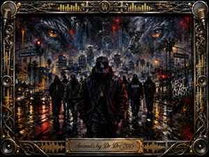 A brooding figure leads a shadowy group through rain-slicked Los Angeles streets beneath enormous ghostly animal faces. Deep blacks, steel blues, fiery reds, and amber reflections create a tense nocturnal atmosphere. Expressive oil-painted textures, glowing city lights, graffiti, microphones, speakers, barbed wire, and ornate gold details intensify the cinematic urban composition.