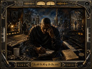 A solitary musician sits hunched over notes in a richly detailed nighttime recording studio, surrounded by microphones, mixing consoles, keyboards, speakers, and reels. Deep blacks, bronze, and amber city lights create a reflective, burdened mood. Heavy painterly textures and dramatic illumination are enclosed by an ornate gold-and-black music-themed frame.