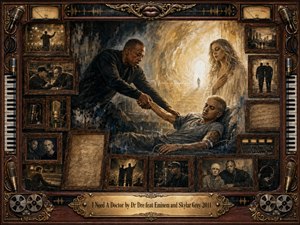 A richly textured vintage collage portrays Dr. Dre reaching toward a weakened Eminem while Skylar Grey stands nearby in warm, luminous light. Dark charcoal blues and weathered browns contrast with golden highlights, creating a mood of struggle, loyalty, and recovery. Rosewood frames, microphones, reels, piano keys, photographs, and ornate studio details surround the central scene.