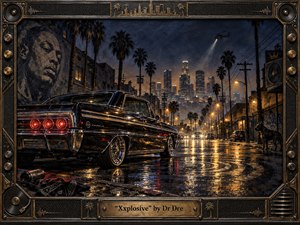 A gleaming black lowrider dominates a rain-slicked Los Angeles street, framed by palms, power lines, murals, and a glowing downtown skyline. Amber streetlights and red taillights shimmer across wet pavement, while a helicopter beam cuts the smoky blue night. Rich metallic textures and gritty realism create a tense, cinematic West Coast atmosphere.