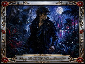 A dark-haired man in black leather stands amid a moonlit jungle, flanked by shadowy wolves with glowing eyes and a distant neon city. Deep blues, blacks, crimson, and electric pink create a tense, nocturnal mood. Expressive oil-paint textures, dramatic lighting, chrome-gold ornamentation, red lips, and an engraved title plate frame the scene.