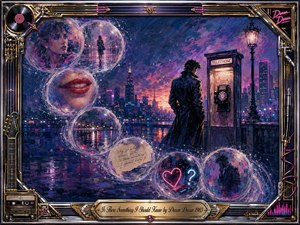 A solitary figure stands beside a glowing vintage telephone booth overlooking a rain-slicked neon city at dusk. Translucent bubbles curve through the scene, holding fragmented faces, red lips, handwritten thoughts, reflections, and romantic symbols. Rich violet, blue, pink, and gold tones create a mysterious, introspective oil-painted atmosphere within an ornate musical frame.