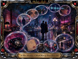 A rain-soaked neon city glows beneath a deep blue night as a couple walks toward the skyline, surrounded by translucent memory bubbles holding faces, clocks, a telephone, letters, and distant streets. Rich magenta, cobalt, and gold highlights create a mysterious, romantic mood within a polished chrome-and-gold musical frame.