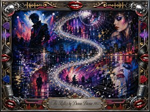 A vibrant 1980s-inspired acrylic collage unfolds beneath a mirrored disco ball, with shadowy performers, neon city reflections, glamorous faces, and an S-shaped stream of luminous bubbles linking the scenes. Deep blues, magentas, crimson, and gold create electric nightlife energy, framed by chrome, microphones, records, guitar picks, and glossy red lips.