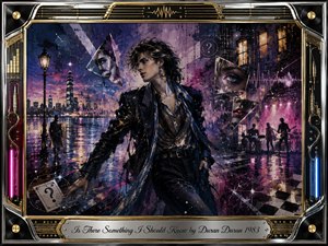 A stylish new-wave figure strides through a rain-slicked neon city, surrounded by fractured reflections, enigmatic question marks, and distant band silhouettes. Deep blues, violet, magenta, and gold glow beneath dramatic nighttime lighting. Painterly textures, shimmering sound-wave motifs, chrome details, and a lavish musical frame create a tense, mysterious 1980s atmosphere.