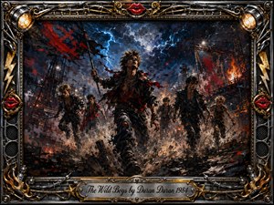 A band of fierce, leather-clad rebels charges through a storm-shattered industrial wasteland beneath electric blue lightning and burning structures. Dramatic oil-painted textures, black, crimson, steel, and gold tones create raw cinematic intensity. An ornate chrome-and-gold frame features red lips, flames, lightning motifs, and an engraved title plate.