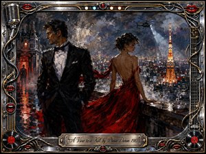 A glamorous couple stands above a glittering nighttime city, surrounded by intrigue, danger, and cinematic romance. The womans flowing crimson gown contrasts with the mans black tuxedo, while a helicopter spotlight cuts through smoky skies. Rich oil-painted textures, chrome details, musical motifs, red lips, and gold accents create dramatic 1980s sophistication.