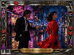 A stylish couple separates on a rain-slicked neon city street, capturing romantic tension, independence, and emotional distance. The womans vivid red coat dominates the composition against deep blues, purples, and reflected lights. Expressive oil-paint textures, nightlife signs, chrome details, musical motifs, red lips, and an ornate gold title plate frame the scene.