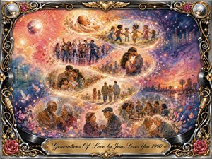 A radiant generational tapestry unfolds in a sweeping S-curve, linking infancy, childhood, romance, family, friendship, and old age. Warm coral, gold, violet, and midnight blue glow beneath sparkling musical light. Painterly figures, roses, records, microphones, disco balls, and elegant chrome-gold framing create a joyful, nostalgic celebration of enduring love.