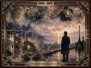 A solitary man stands on a rain-darkened terrace overlooking a glowing coastal city at sunset, surrounded by fading romantic memories painted into the sky. Warm gold, muted blue, brown, and violet tones create a wistful mood. A richly detailed rosewood-and-metal musical frame, vinyl accents, piano keys, and engraved title plate complete the nostalgic composition.