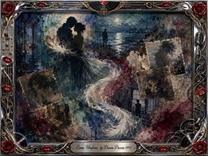 A melancholic romantic collage unfolds in deep blues, burgundy, charcoal, and muted gold, centered on shadowy lovers and solitary figures beside moonlit water. Sweeping white feathers form an elegant S-curve through faded photographs and distressed textures. Chrome, roses, records, cables, and red lips frame the scene with ornate vintage drama.