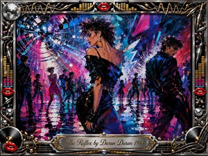 A glamorous 1980s nightclub pulses with neon energy as a stylish woman and brooding man dominate a crowded reflective dance floor. Electric pink, blue, purple, and silver light streaks explode across textured acrylic brushwork. An ornate chrome-and-gold music frame, disco motifs, red lips, vinyl records, and engraved title plate complete the scene.