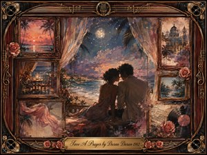 A moonlit seaside romance unfolds within an ornate rosewood and gold frame, where a couple rests closely beneath flowing curtains beside shimmering water. Faded memory panels show sunsets, balconies, palms, architecture, roses, sheet music, and vinyl. Coral, indigo, teal, and amber tones create a tender, nostalgic mixed-media atmosphere.