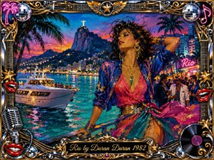 A glamorous woman poses beside a shimmering tropical harbor as a white yacht glides through turquoise water beneath a vivid sunset. Palm trees, distant city lights, and festive crowds create an energetic 1980s nightlife mood. Bold pinks, blues, golds, and purples glow within textured acrylic brushwork, framed by ornate musical and neon details.