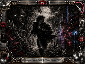 A shadowy runner moves through dense moonlit jungle toward a neon city while a spectral wolf watches from the darkness. Deep feathered charcoal creates a tense, seductive atmosphere, accented by crimson, electric blue, and silver light. An ornate chrome-and-gold musical frame, red lips, microphones, records, and mirrored details complete the dramatic 1980s-inspired composition.