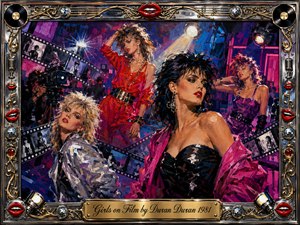 Glamorous women pose across a vivid 1980s fashion-film set, surrounded by sweeping filmstrips, camera flashes, and dramatic studio lights. Energetic acrylic brushwork blends magenta, crimson, electric blue, violet, black, silver, and gold. An ornate chrome-and-gold frame with red lips, records, disco balls, and musical motifs heightens the stylish new-wave spectacle.