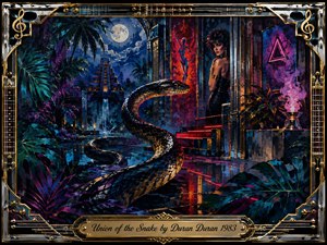 A glossy black serpent winds through a moonlit tropical temple, guiding the eye toward a mysterious woman framed by neon architecture. Saturated blues, purples, crimson, and gold create a seductive, dreamlike mood. Textured acrylic brushwork, reflective water, exotic foliage, and an ornate chrome-and-gold musical frame evoke stylish 1980s intrigue.